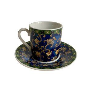 Hues N Brews Espresso Cup & Saucer Set Dark Blue Yellow Floral